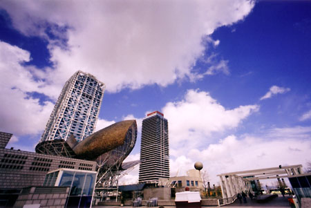 Hotel Arts in Barcelona is right behind the big fish sculpture (that coppery thing).